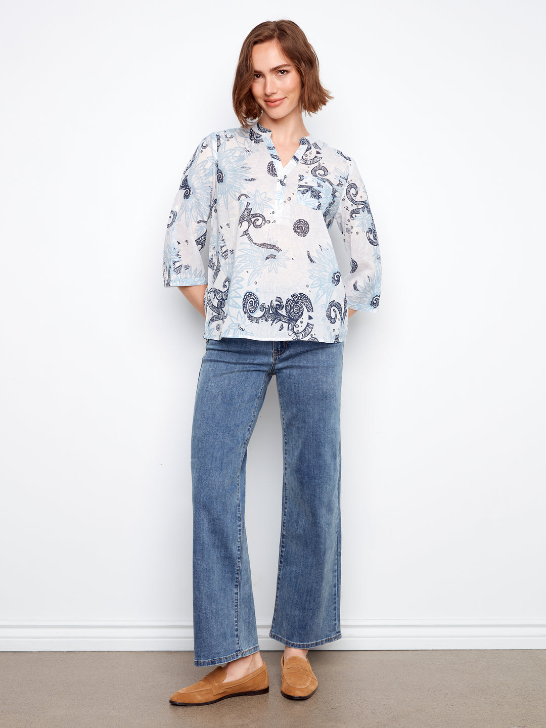 Printed Cotton Blend Half-Button Blouse