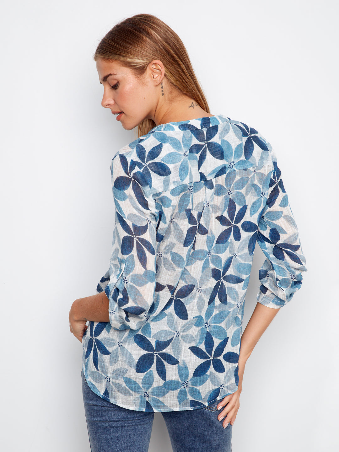 Printed Roll Up Sleeve Cotton Gauze