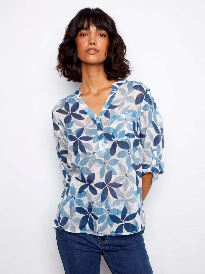 Printed Roll Up Sleeve Cotton Gauze