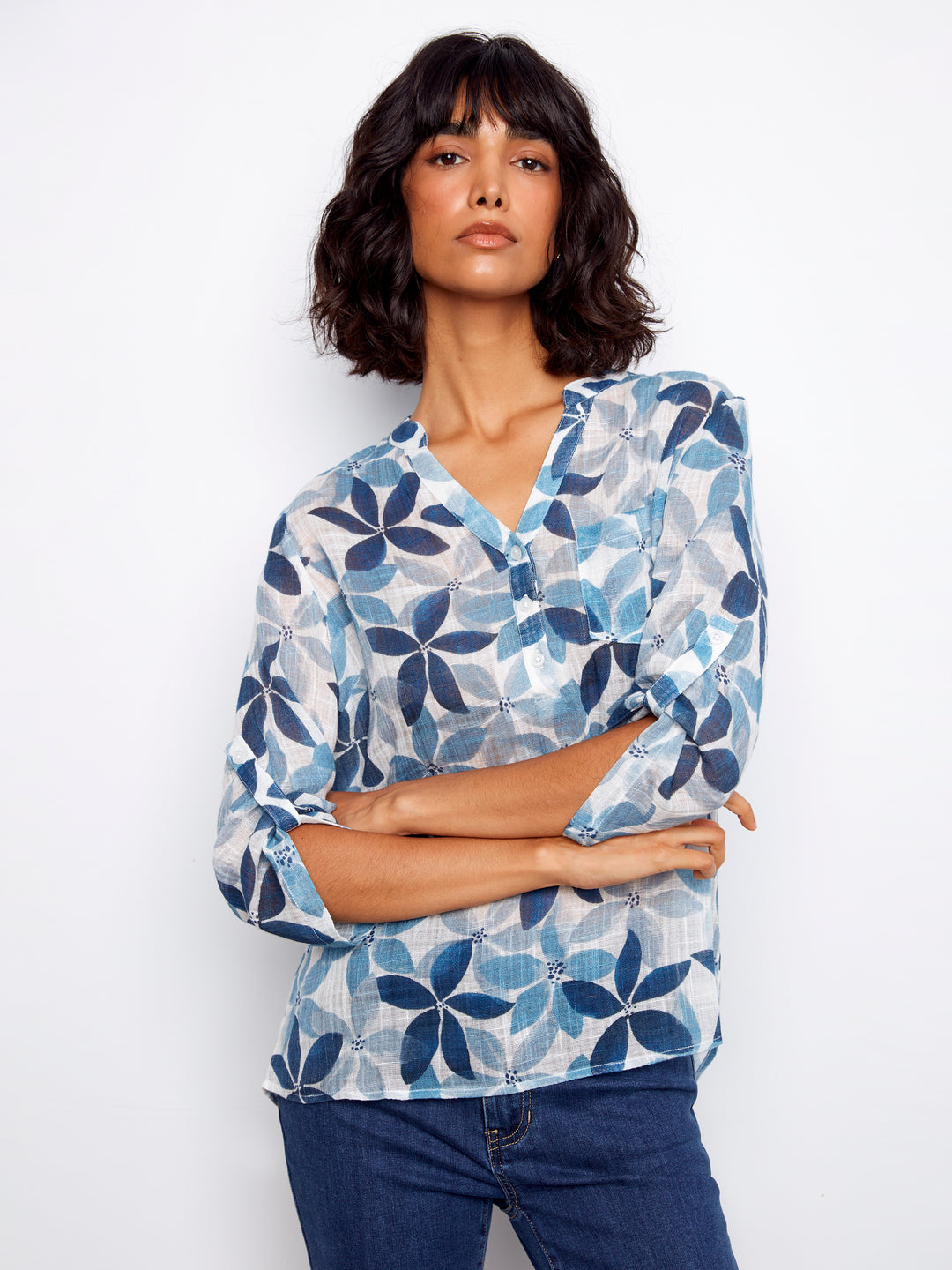 Printed Roll Up Sleeve Cotton Gauze