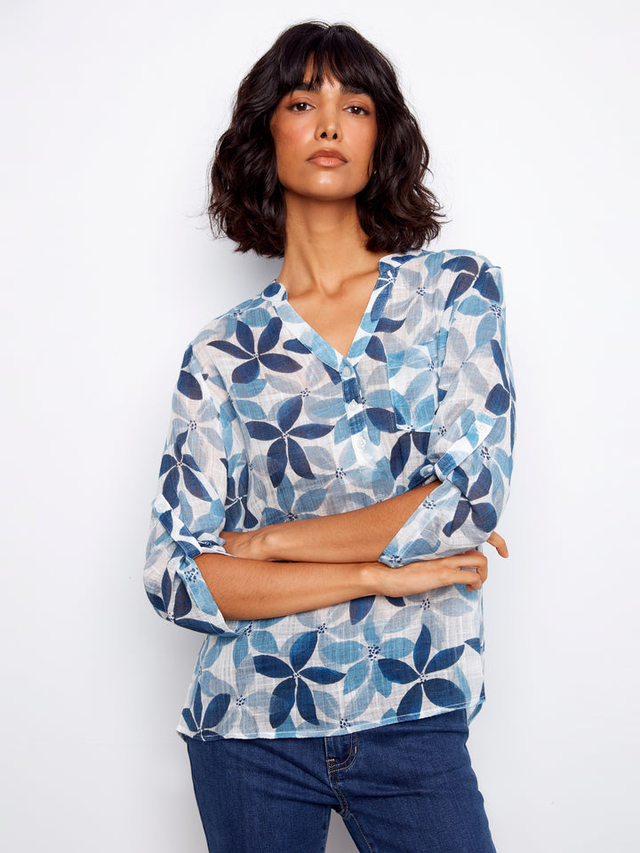 Printed Roll Up Sleeve Cotton Gauze
