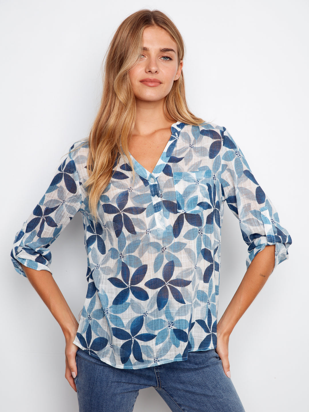 Printed Roll Up Sleeve Cotton Gauze
