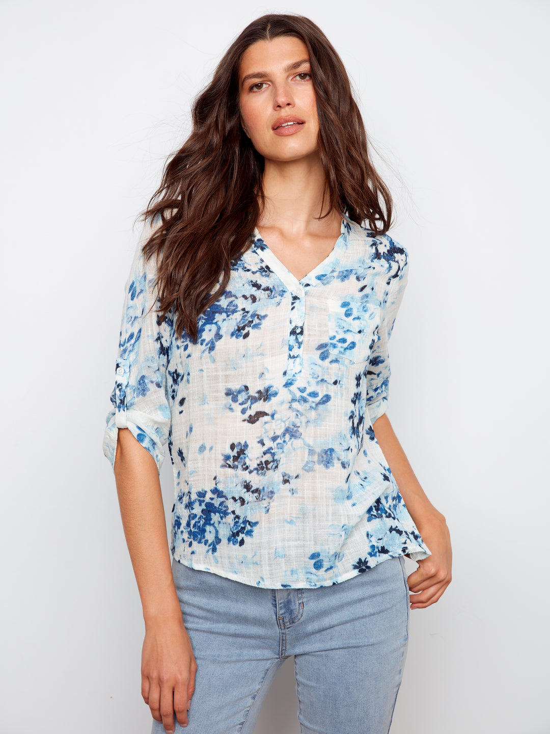 Printed Roll Up Sleeve Cotton Gauze