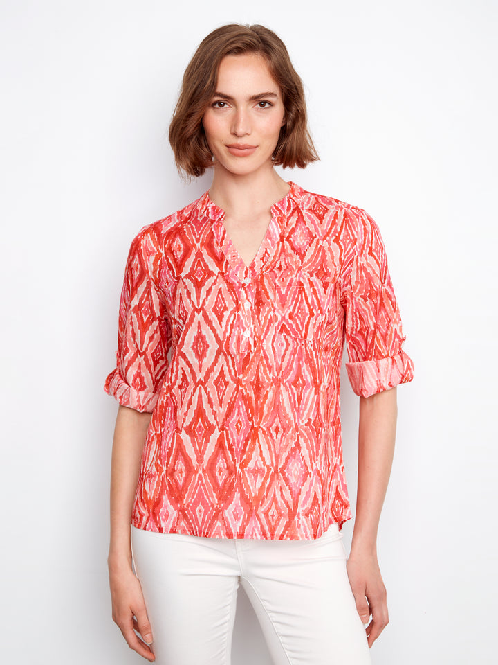 Printed Cotton Blend Half-Button Blouse
