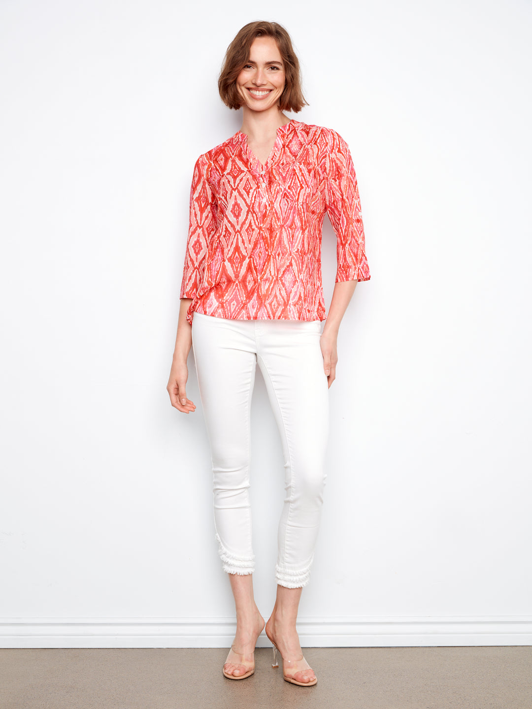 Printed Cotton Blend Half-Button Blouse