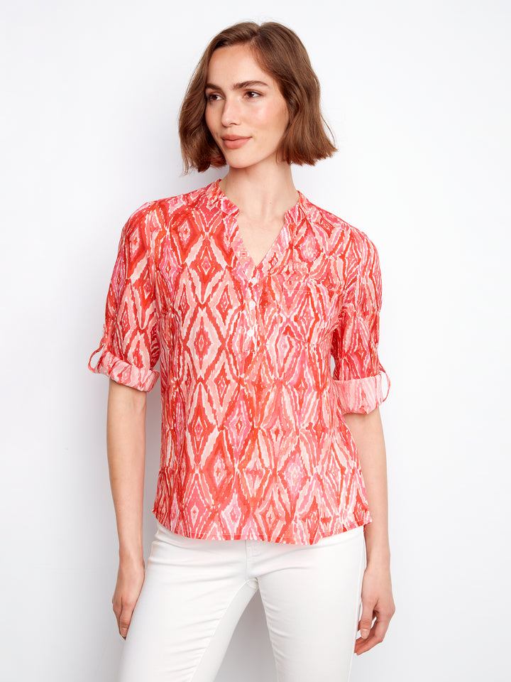 Printed Cotton Blend Half-Button Blouse