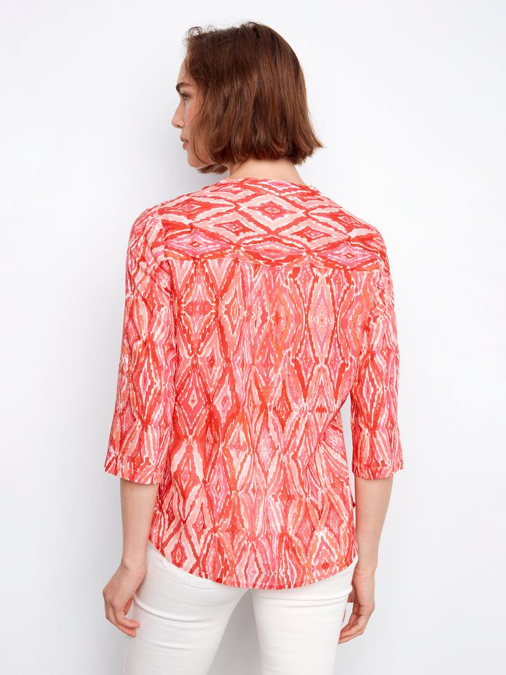Printed Cotton Blend Half-Button Blouse