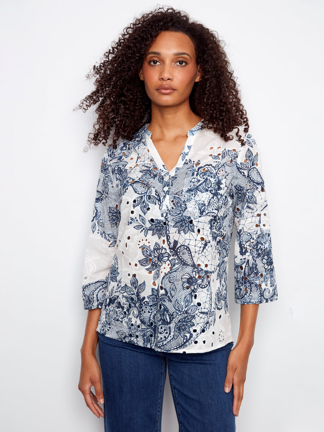 3/4 Roll Up Sleeve Printed Eyelet Henley Blouse