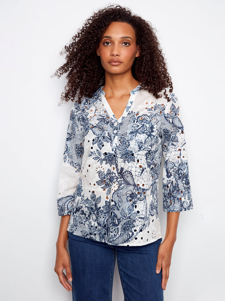 3/4 Roll Up Sleeve Printed Eyelet Henley Blouse