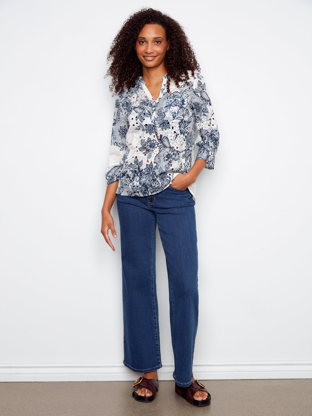 3/4 Roll Up Sleeve Printed Eyelet Henley Blouse