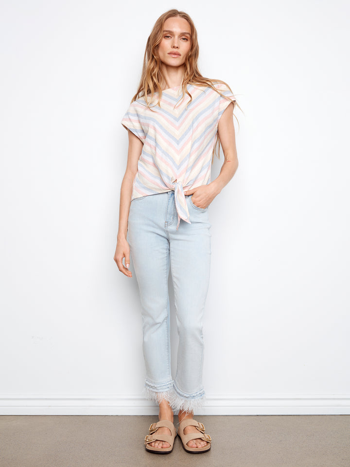 Yarn-Dye Stripe Linen Front-Tie Blouse