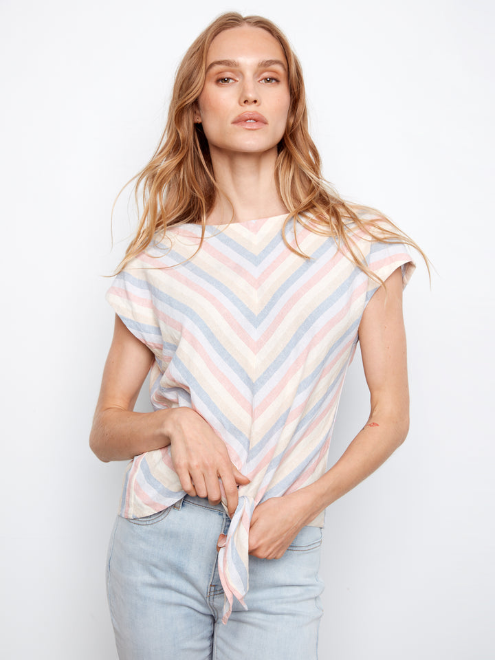 Yarn-Dye Stripe Linen Front-Tie Blouse
