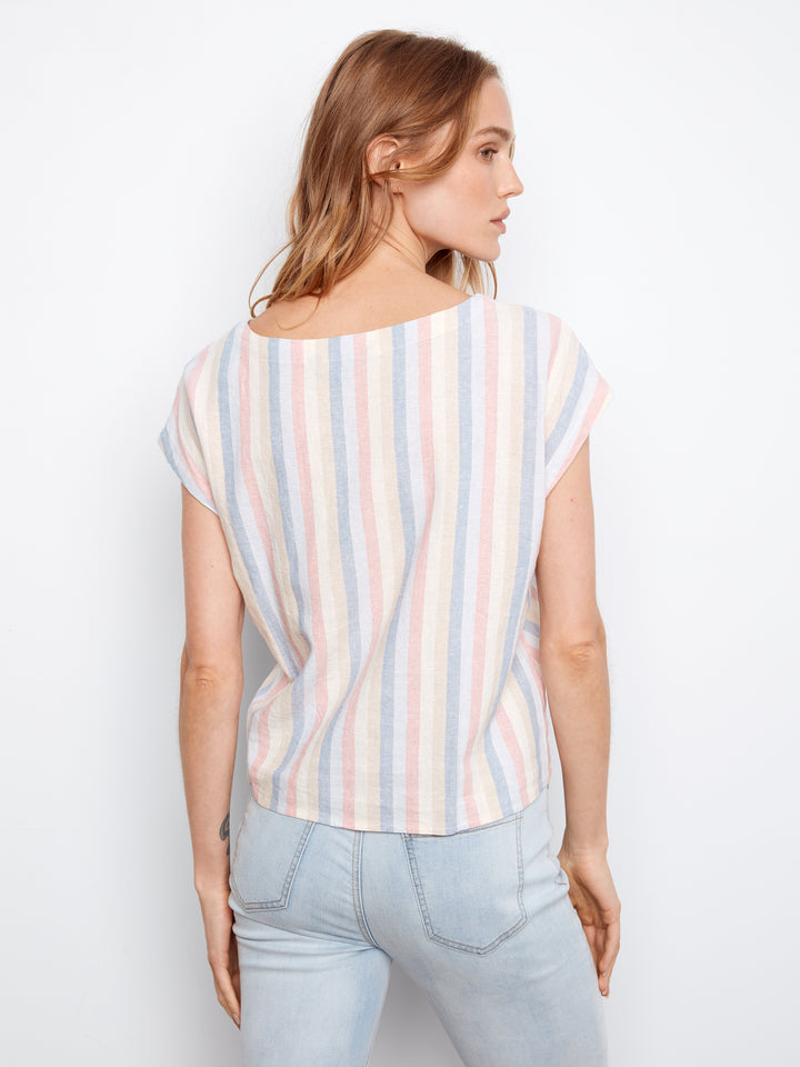 Yarn-Dye Stripe Linen Front-Tie Blouse
