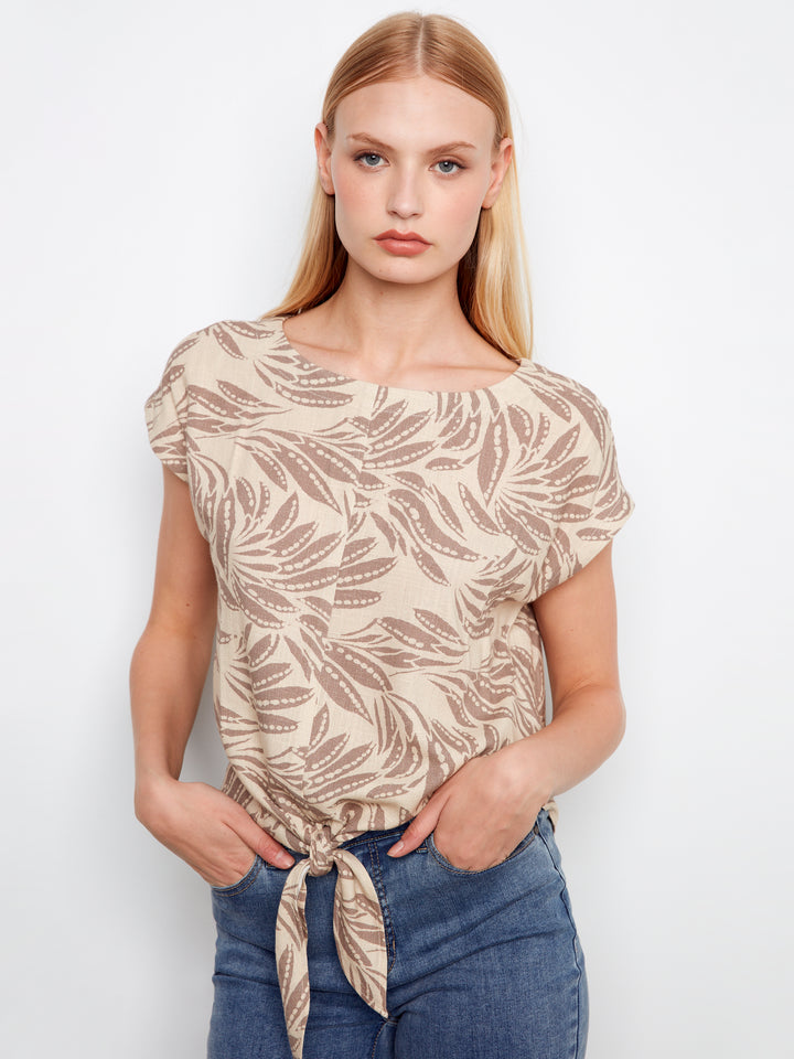 Printed Linen Front Tie Blouse