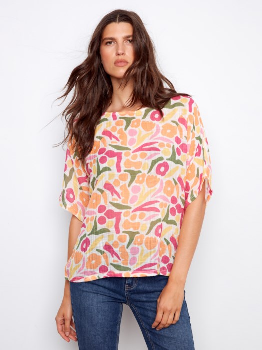 Printed Dolman Cotton Blend Blouse