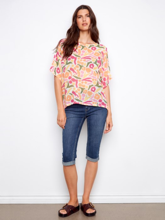 Printed Dolman Cotton Blend Blouse