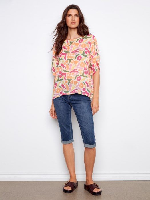 Printed Dolman Cotton Blend Blouse
