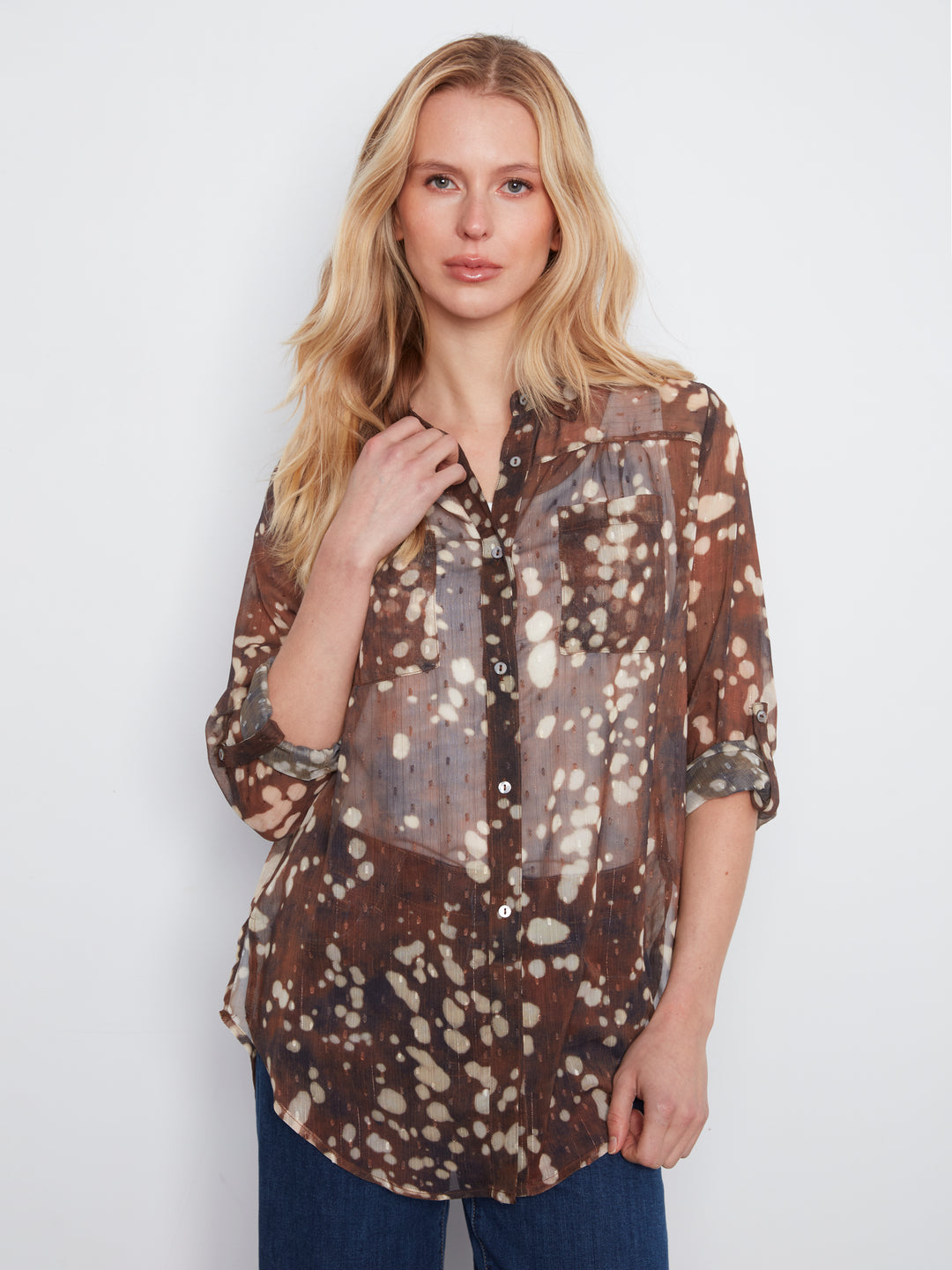 Long Sleeve Button Up Blouse with Front Tie