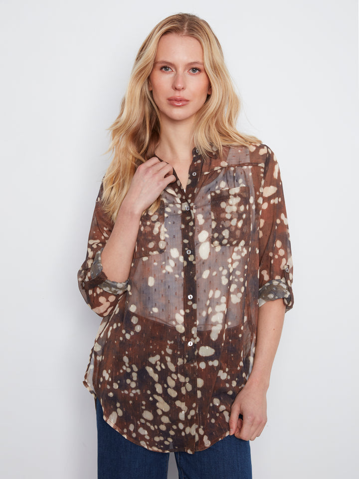Long Sleeve Button Up Blouse with Front Tie