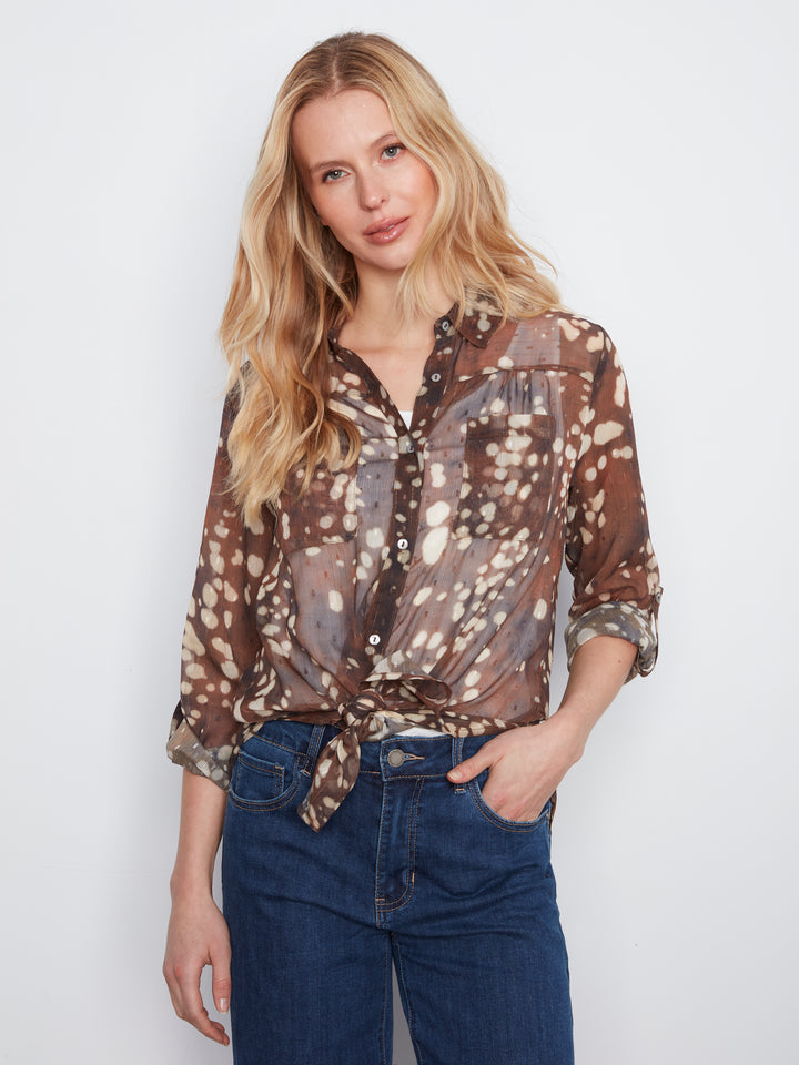 Long Sleeve Button Up Blouse with Front Tie