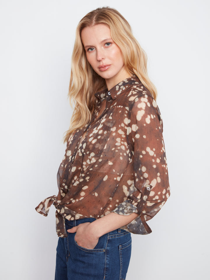 Long Sleeve Button Up Blouse with Front Tie