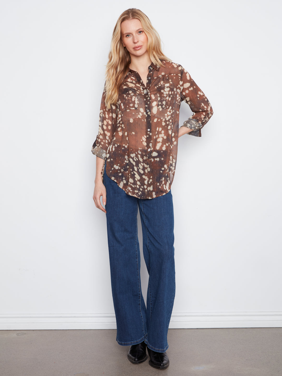 Long Sleeve Button Up Blouse with Front Tie