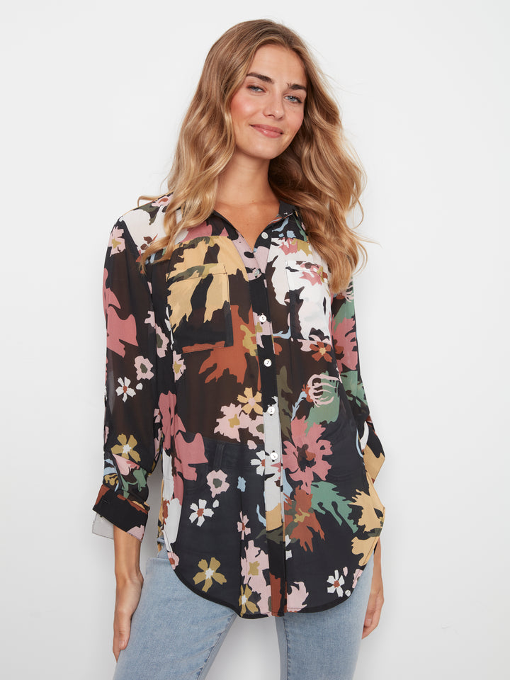 Long Sleeve Button Up Blouse with Front Tie