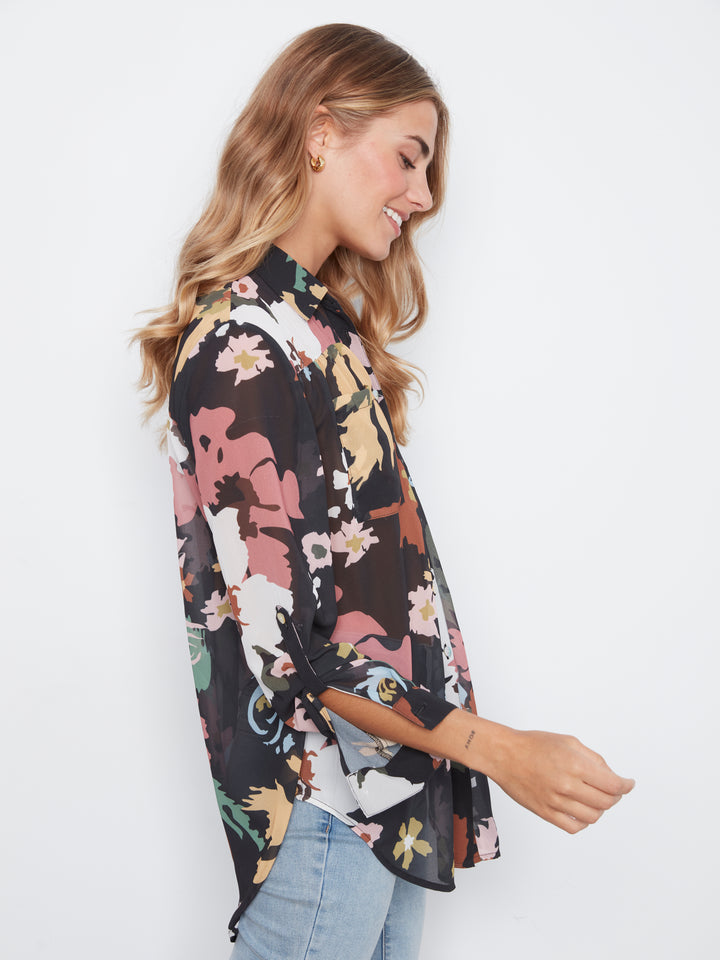 Long Sleeve Button Up Blouse with Front Tie