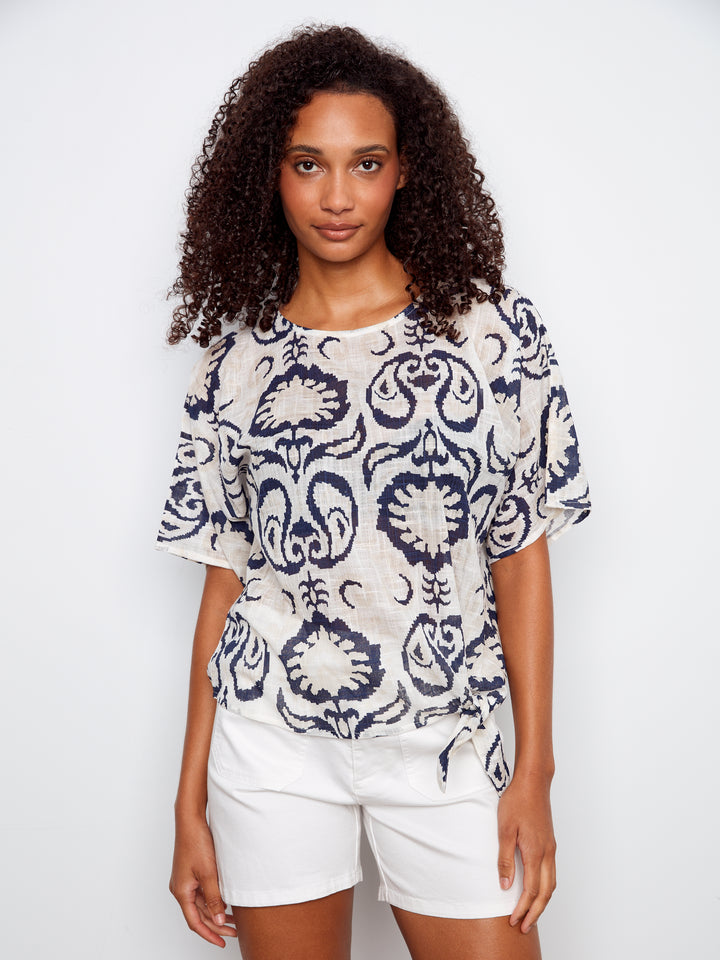 Printed Cotton Gauze Blouse With Side Tie