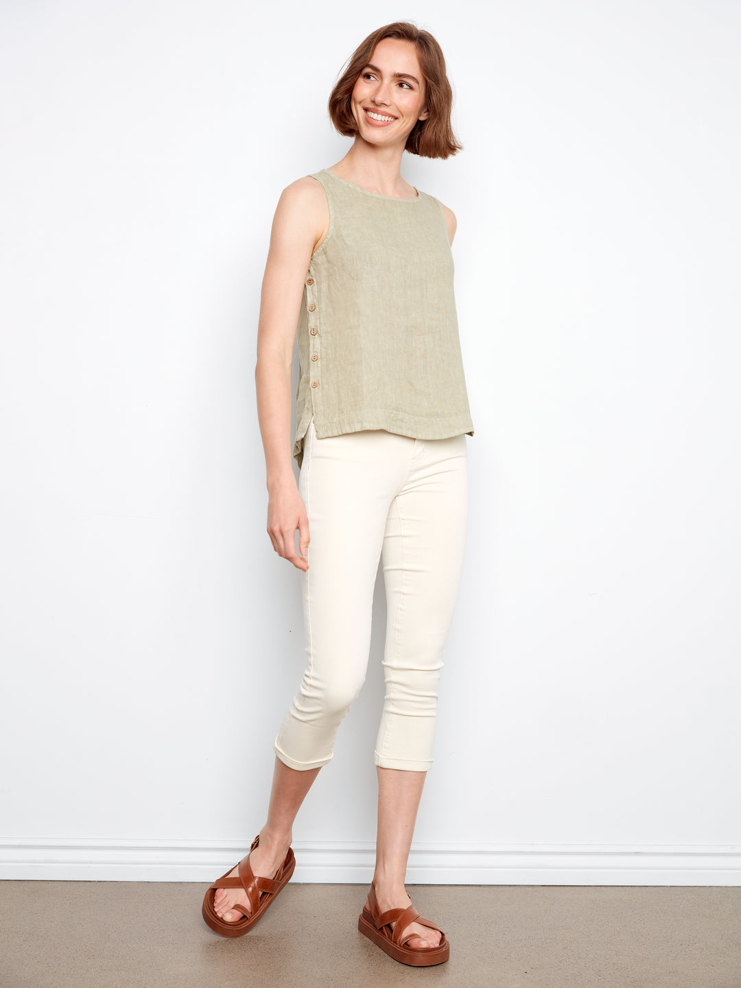 Crisp Linen Sleeveless Blouse With Side Buttons