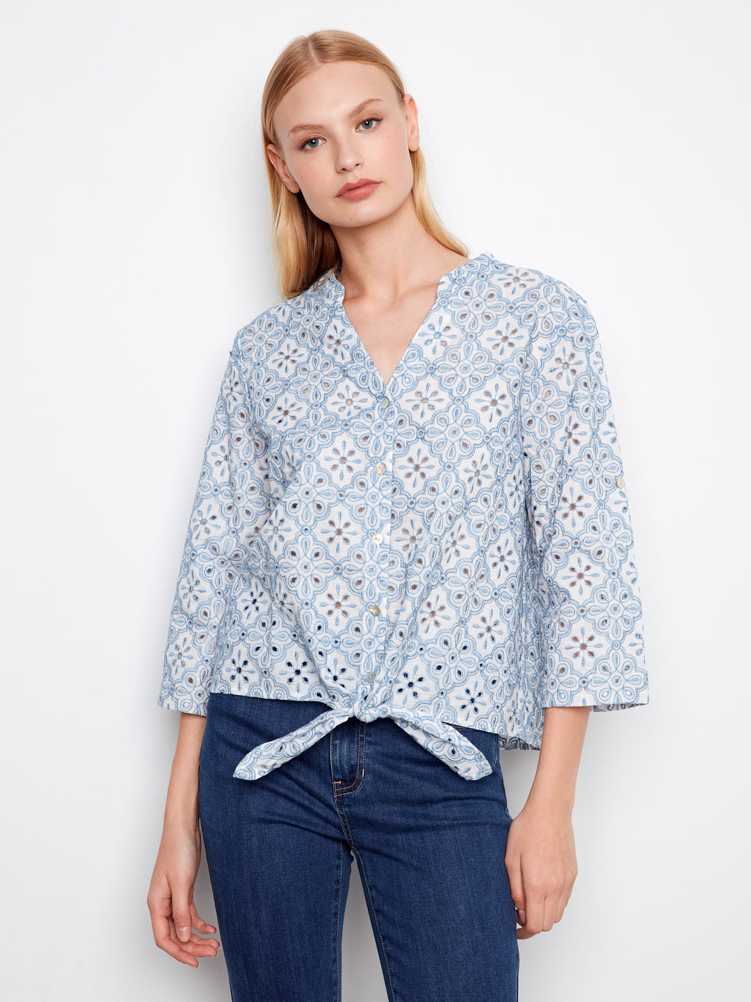 Eyelet 3/4 Roll Up Sleeve Blouse With Front Ties