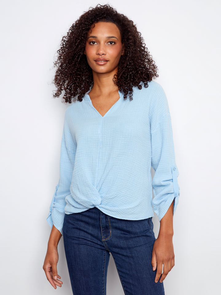 Long Roll Up Sleeve Split Neck Blouse With Front Knot Detail