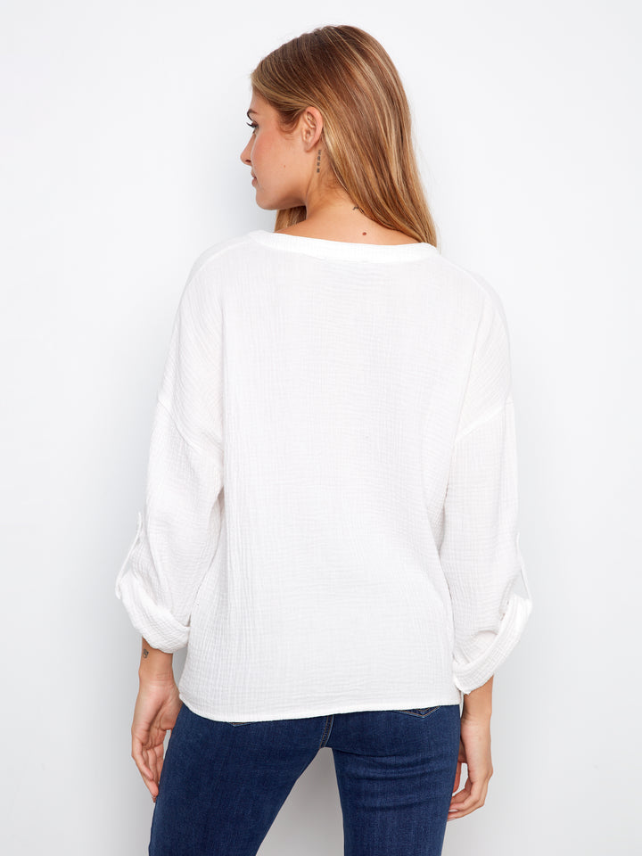 Long Roll Up Sleeve Split Neck Blouse With Front Knot Detail