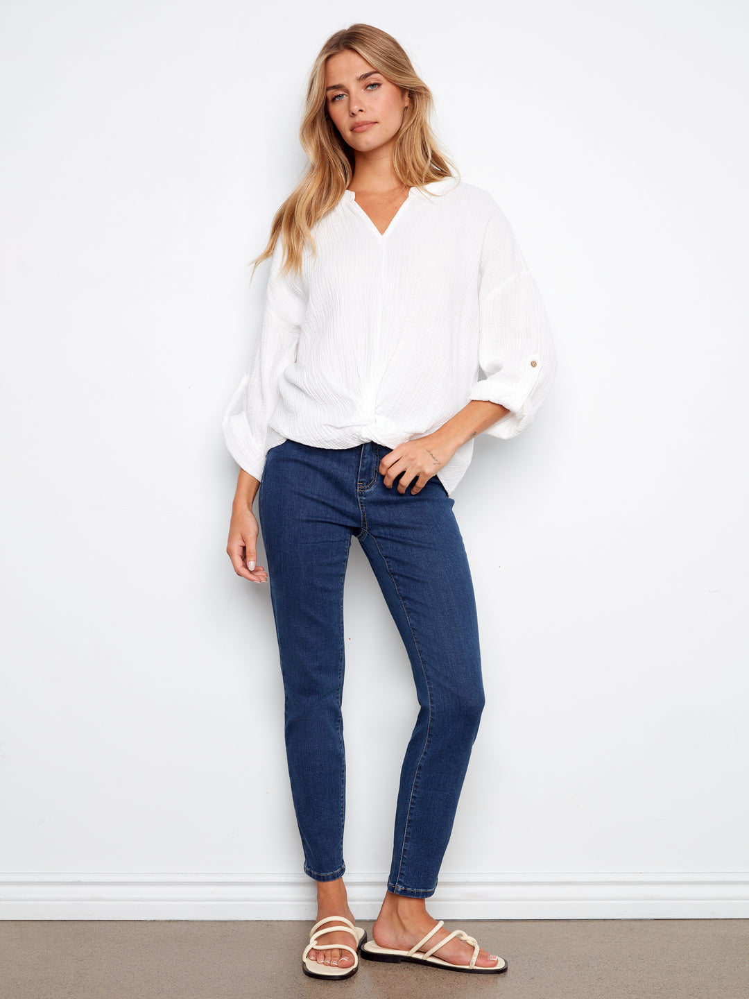 Long Roll Up Sleeve Split Neck Blouse With Front Knot Detail