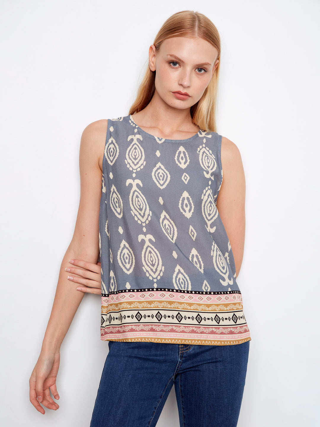 Border Print Sleeveless Blouse With Back Keyhole