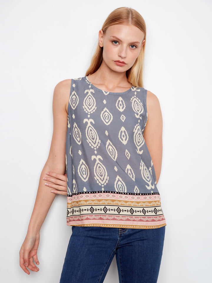 Border Print Sleeveless Blouse With Back Keyhole