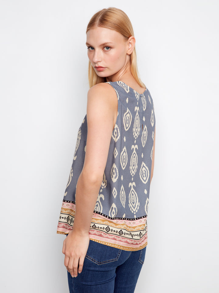 Border Print Sleeveless Blouse With Back Keyhole