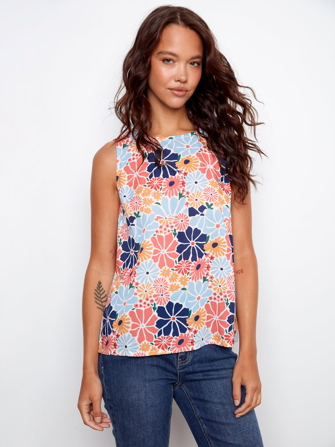 Printed Sleeveless Blouse With Back Keyhole