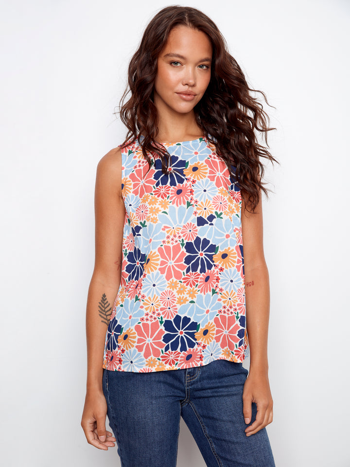 Printed Sleeveless Blouse With Back Keyhole