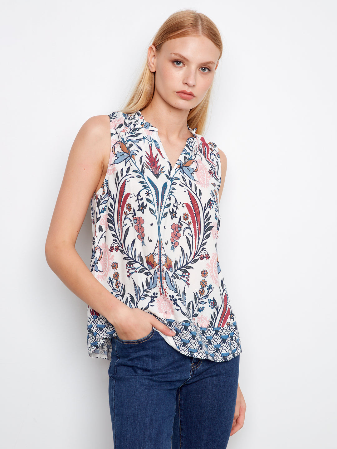 Border Print Ruffle Neck Sleeveless Top