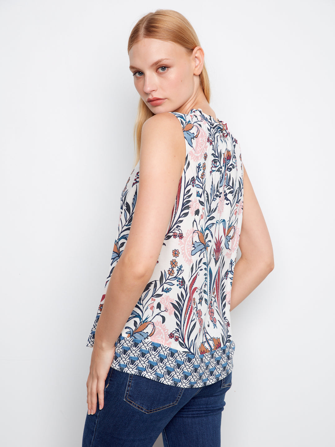 Border Print Ruffle Neck Sleeveless Top