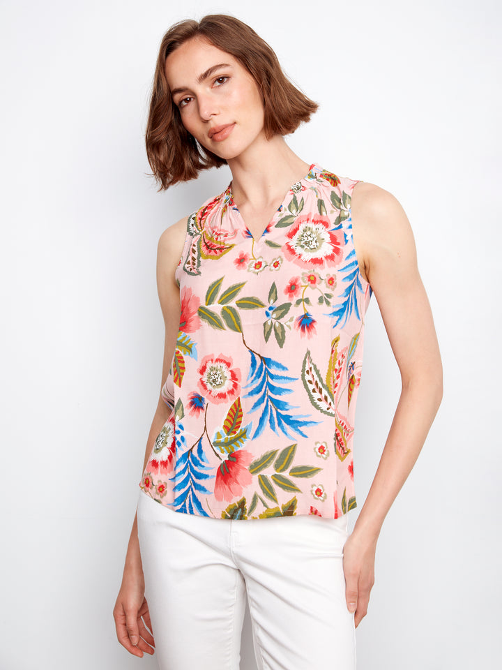 Printed Sleeveless Blouse With Ruffle