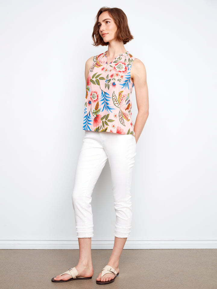 Printed Sleeveless Blouse With Ruffle
