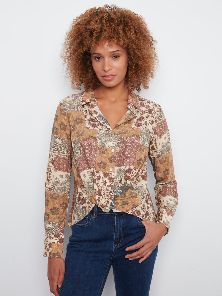 Long Sleeve Shirt with Twisted Front & Buttons