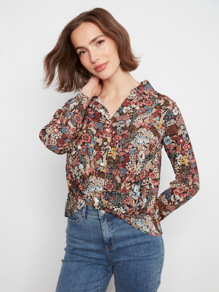 Long Sleeve Shirt with Twisted Front & Buttons
