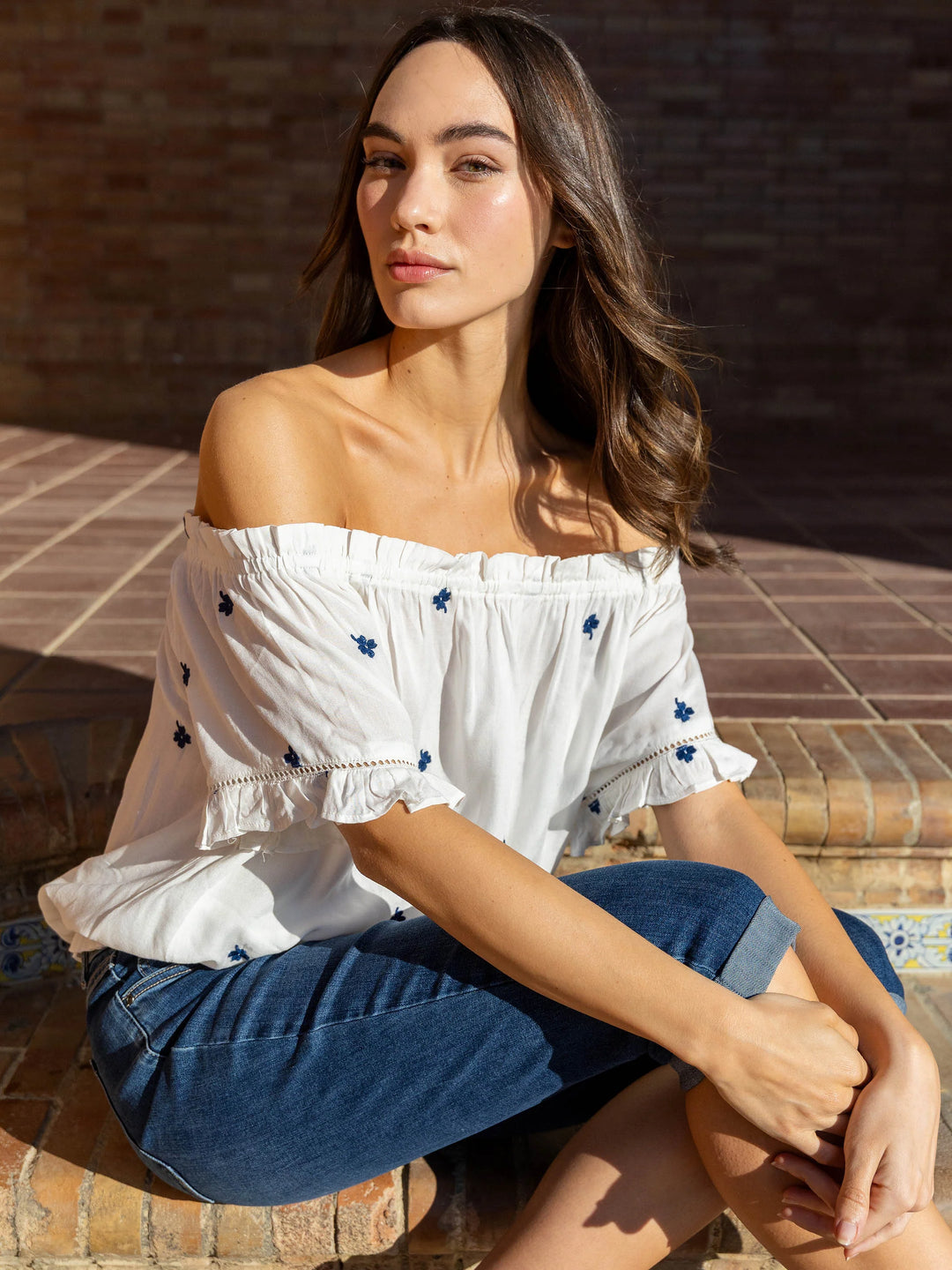 Emboidered Fabric Short Sleeve Off Shoulder Blouse