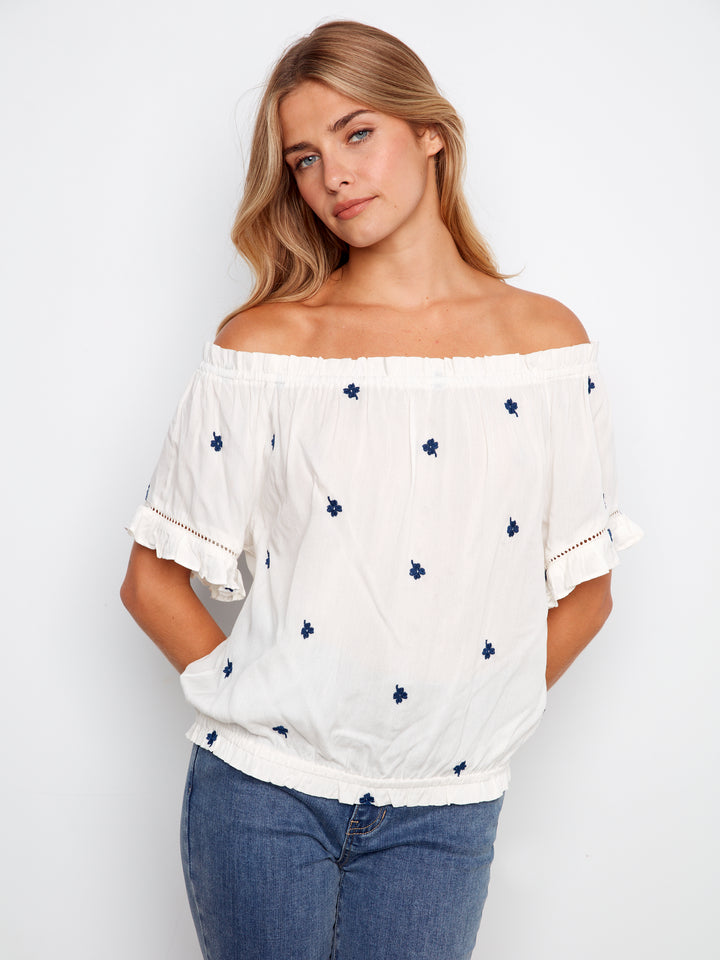 Emboidered Fabric Short Sleeve Off Shoulder Blouse
