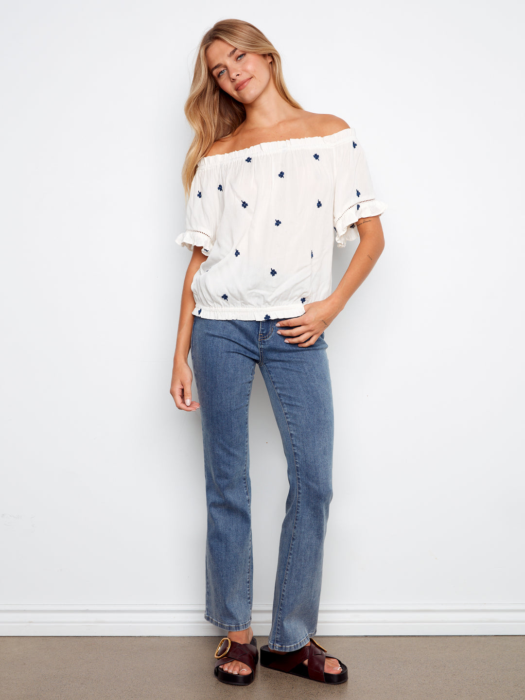 Emboidered Fabric Short Sleeve Off Shoulder Blouse