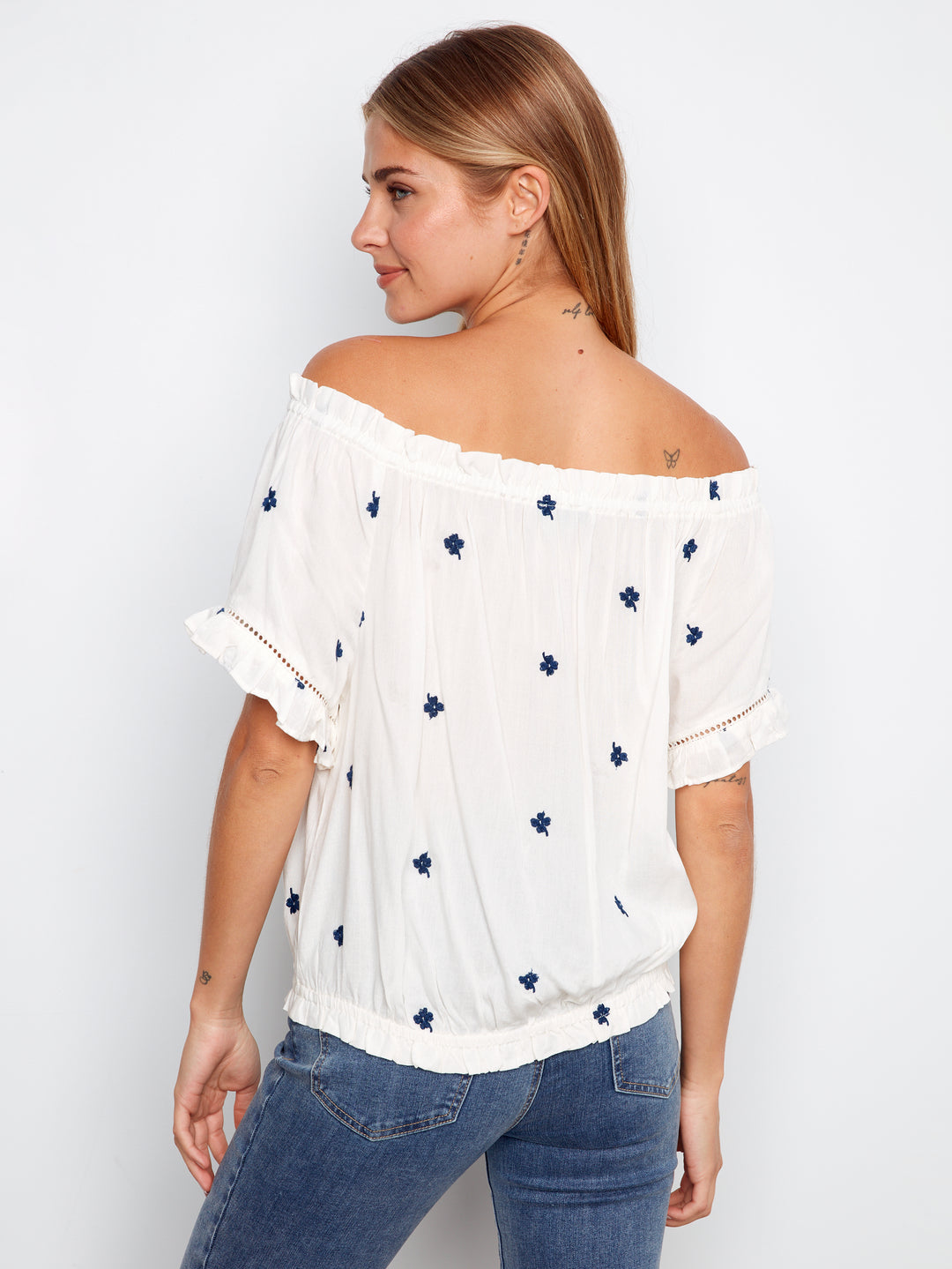 Emboidered Fabric Short Sleeve Off Shoulder Blouse