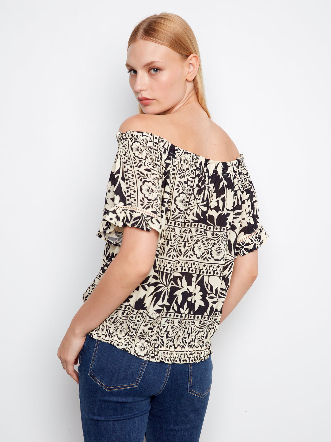 Printed Short Sleeve Off Shoulder Blouse